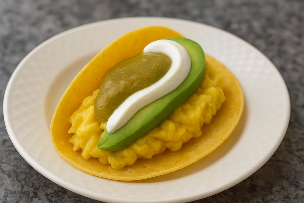 Soft-Scrambled Egg Tacos with Hatch Green Chile, Avocado & Sour Cream