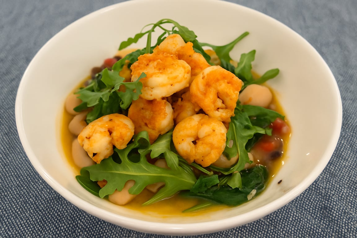 Shrimp & Giant Corona White Bean Bowl with Lemon-Dressed Arugula