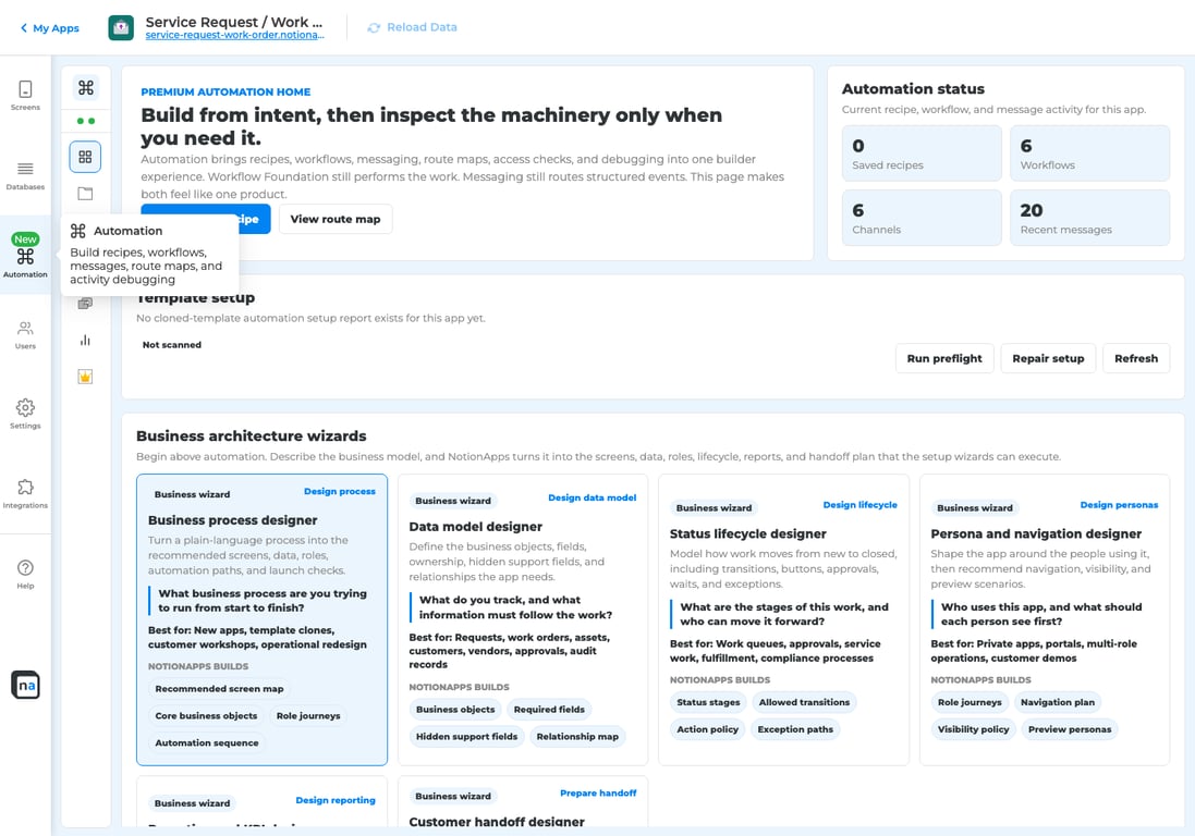 Screenshot of the NotionApps Automation Home showing business-first setup wizards