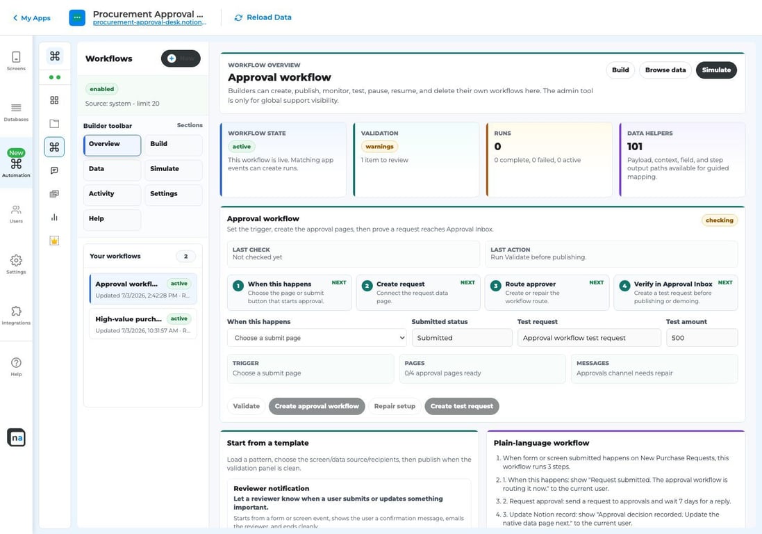 Screenshot of the Approval workflow setup wizard in NotionApps