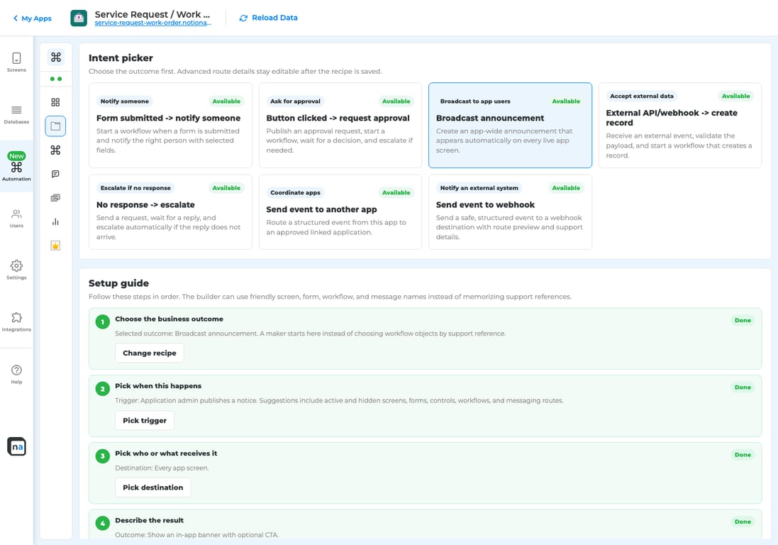 Screenshot of the Broadcast or Notification Route setup screen in NotionApps Automation