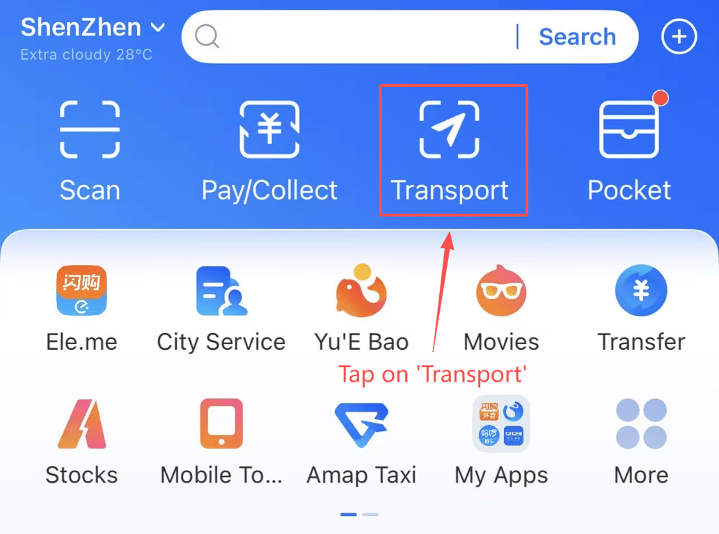 Alipay home screen showing Scan and Pay Collect buttons