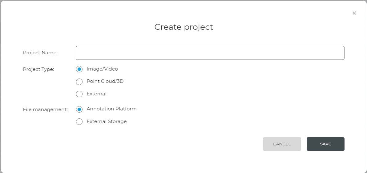 Project creation window