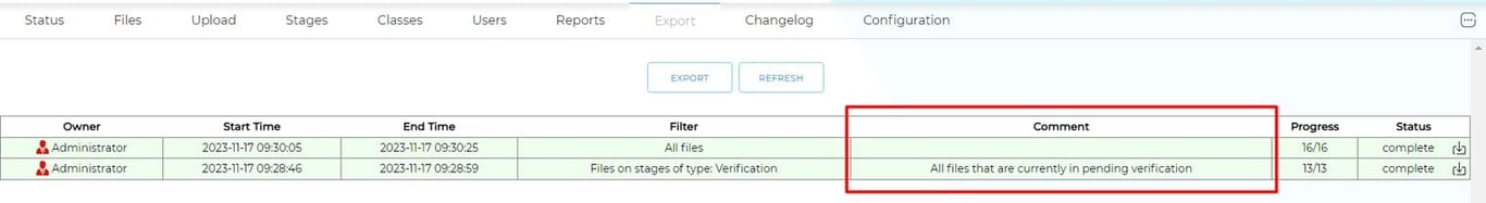 Comment section in export tab
