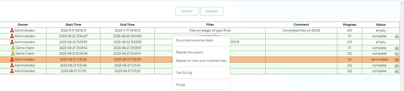 Exported data download request