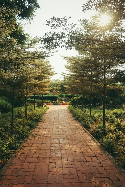 A well-kept garden path on a quiet morning. Most croquet clubs maintain their lawns to the same standard.