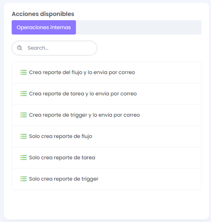Opciones de Acciones para generación de reportes