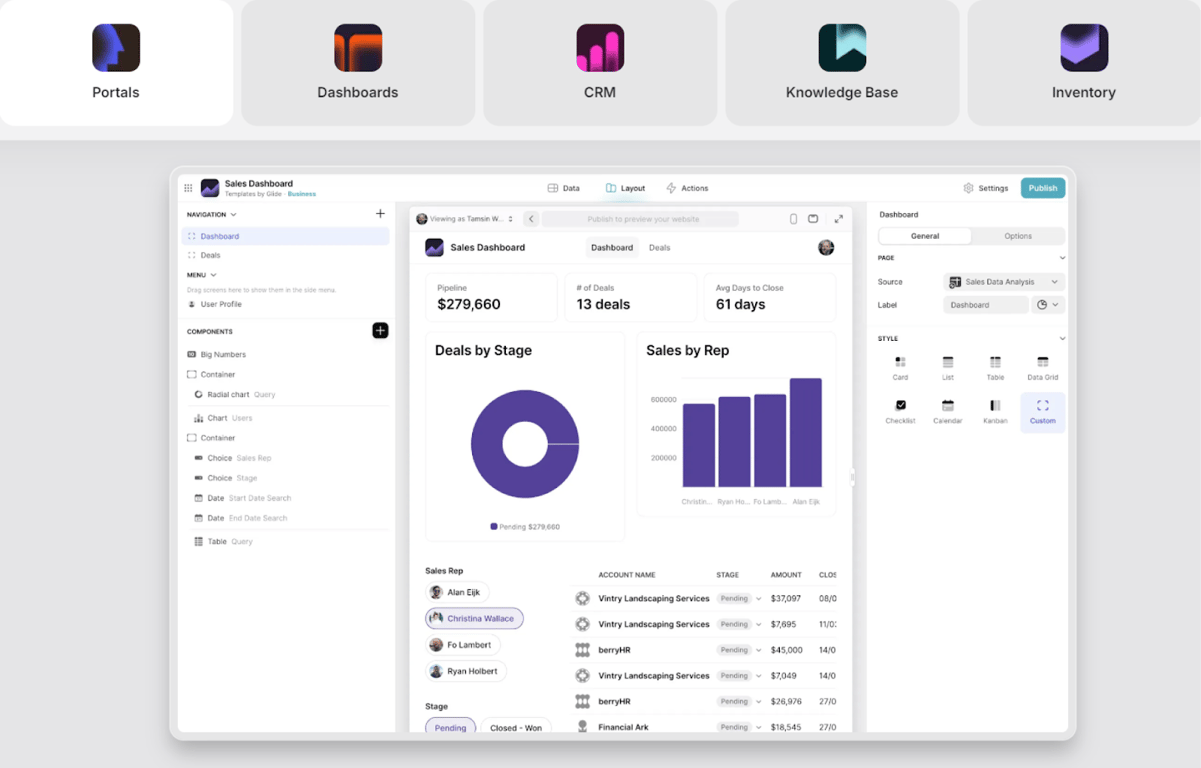 Glide features to build no code web app