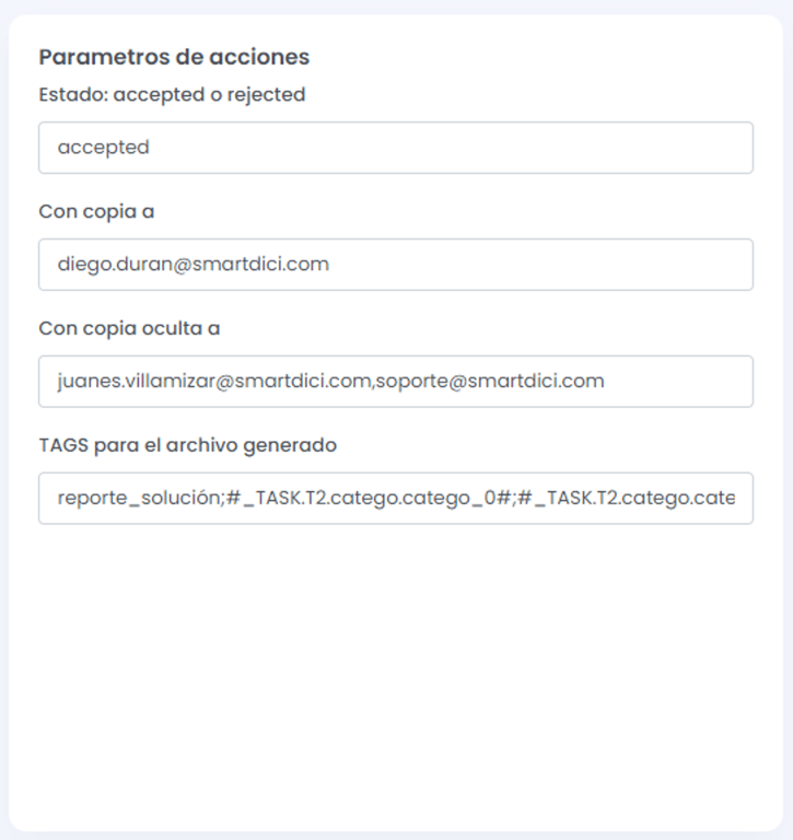 Ejemplo de parámetros de envío del reporte