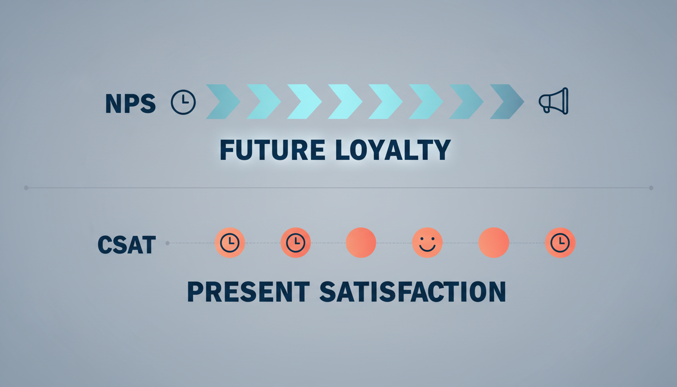 Timeline comparison showing NPS measuring future loyalty versus CSAT measuring present satisfaction