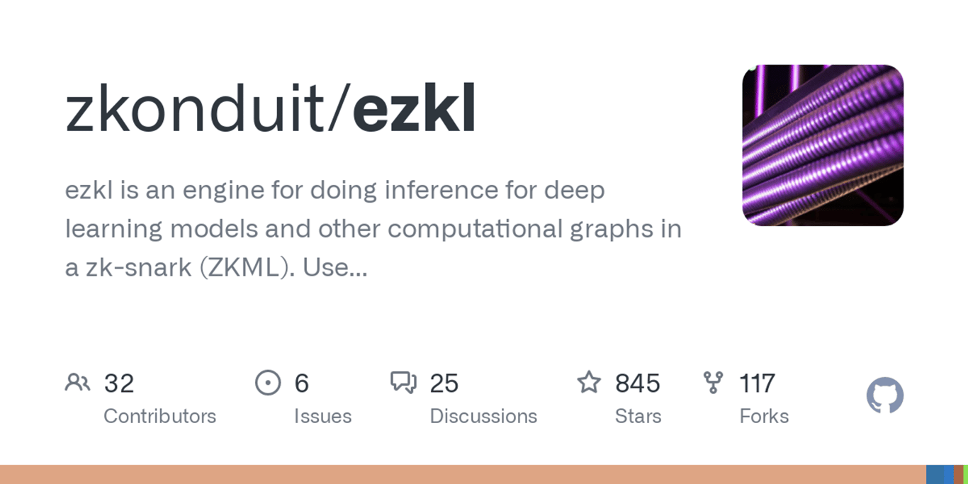 GitHub - zkonduit/ezkl: ezkl is an engine for doing inference for deep learning models and other computational graphs in a zk-snark (ZKML). Use it from Python, Javascript, or the command line.