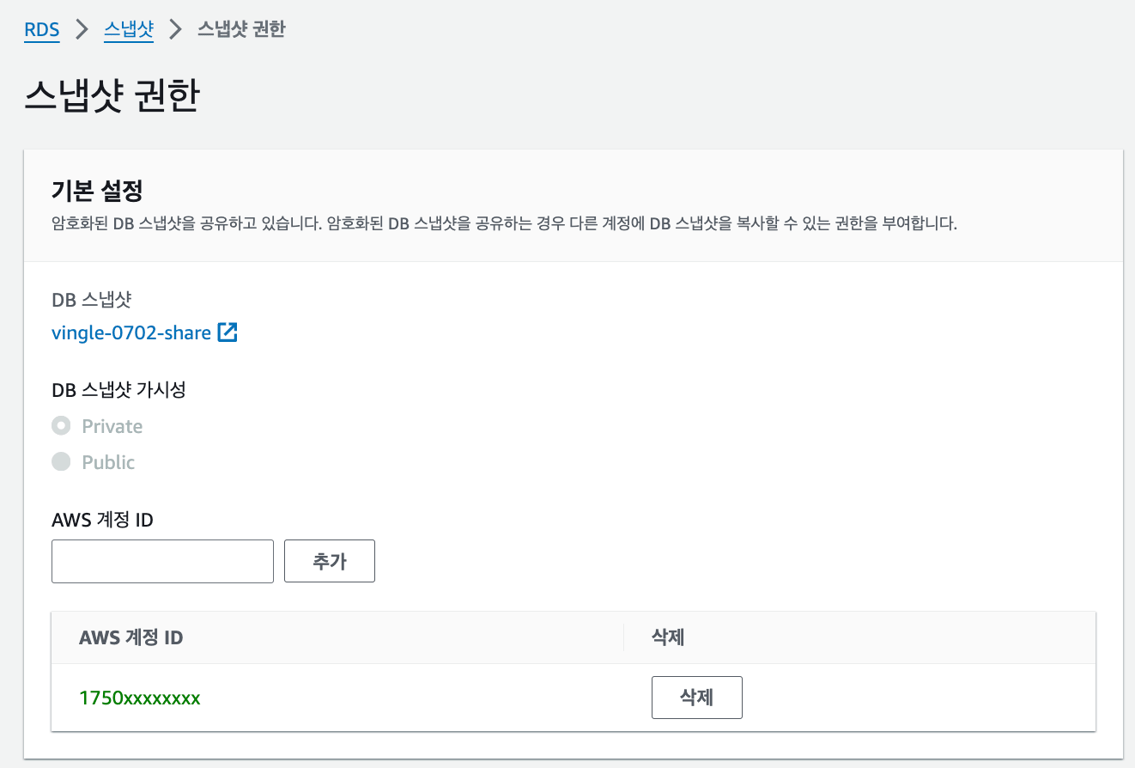 복사된 스냅샷을 다른 계정(Target 계정)에 공유한다