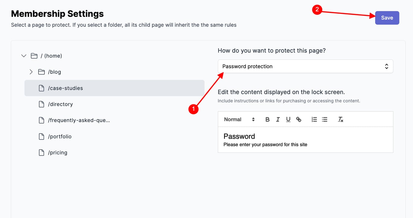 Setting a password to the page