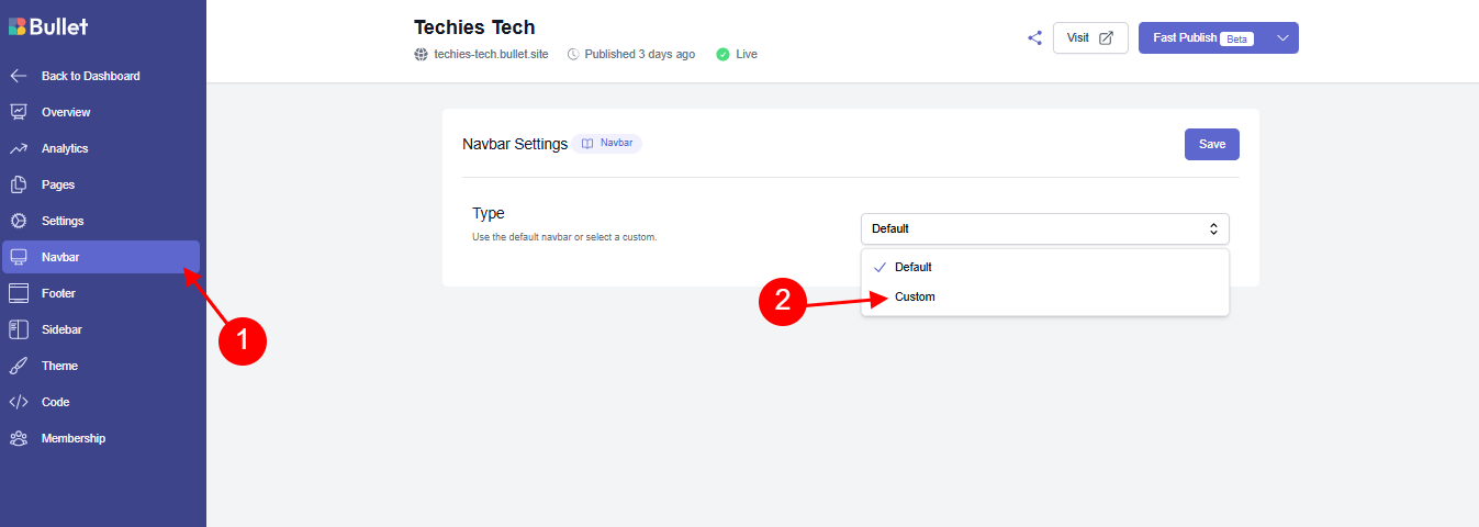 Bullet.so navbar configuration panel