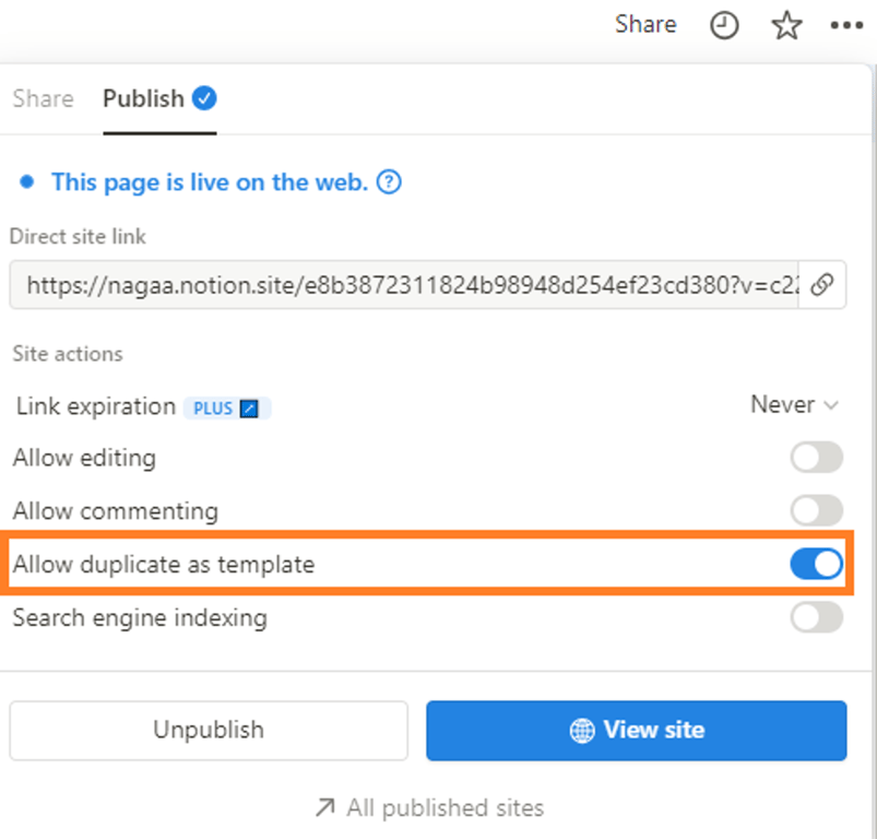 Screenshot of Notion’s share and publish settings