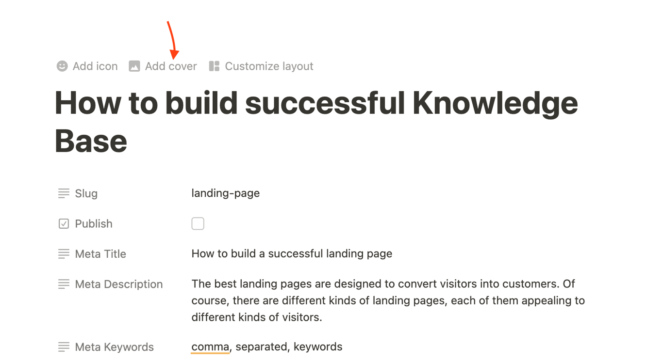Screenshot showing how to add a cover image in Notion by hovering over the page title
