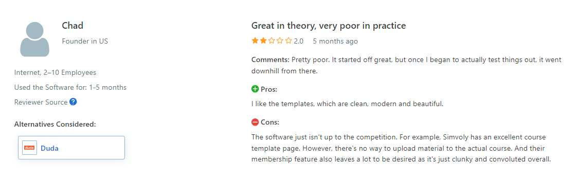 A review from Simvoly user