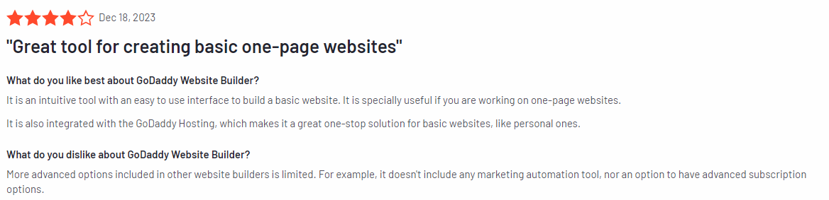 A review fro GoDaddy user (G2)