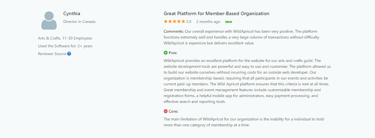 A review fro Wild Apricot user (Capterra)