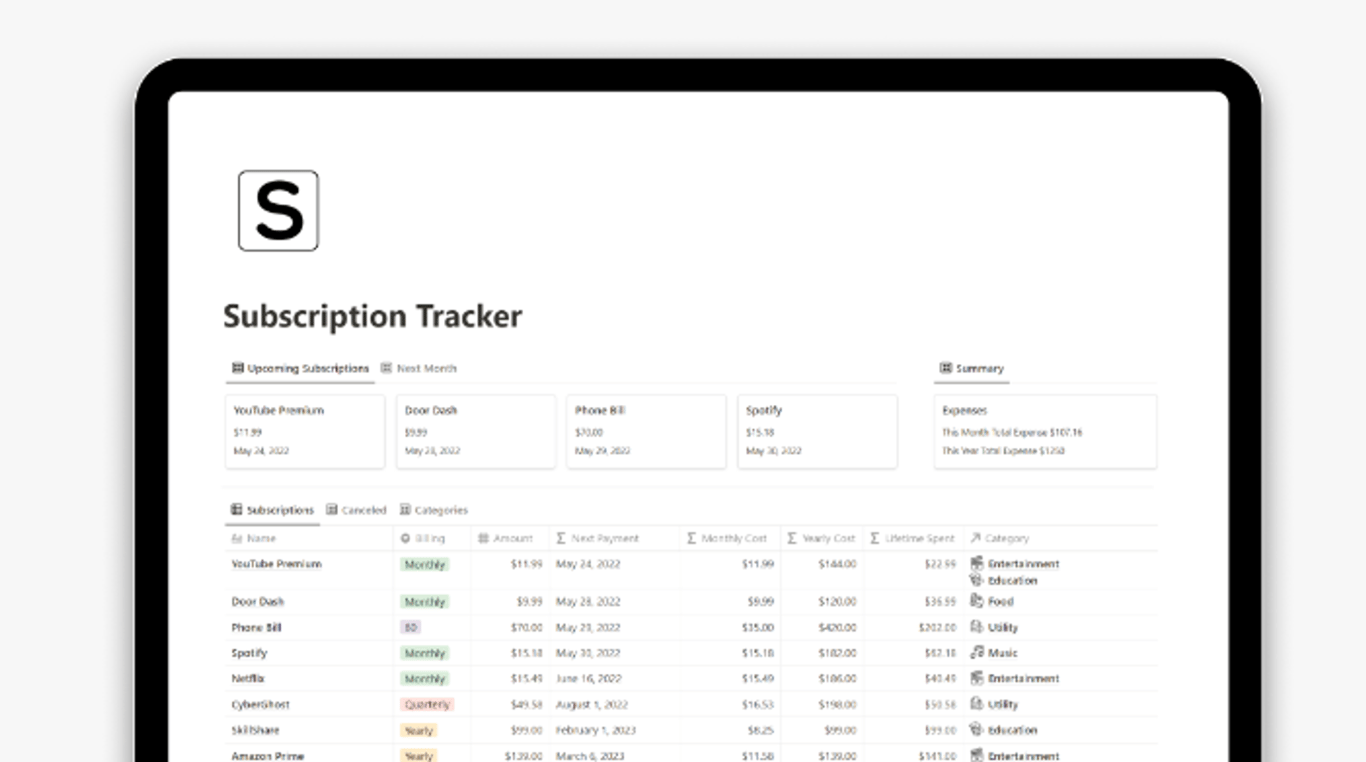 Notion Subscription Tracker Template