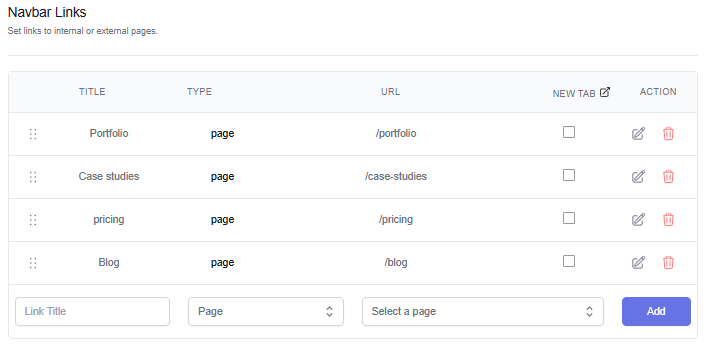 Navigation links editor