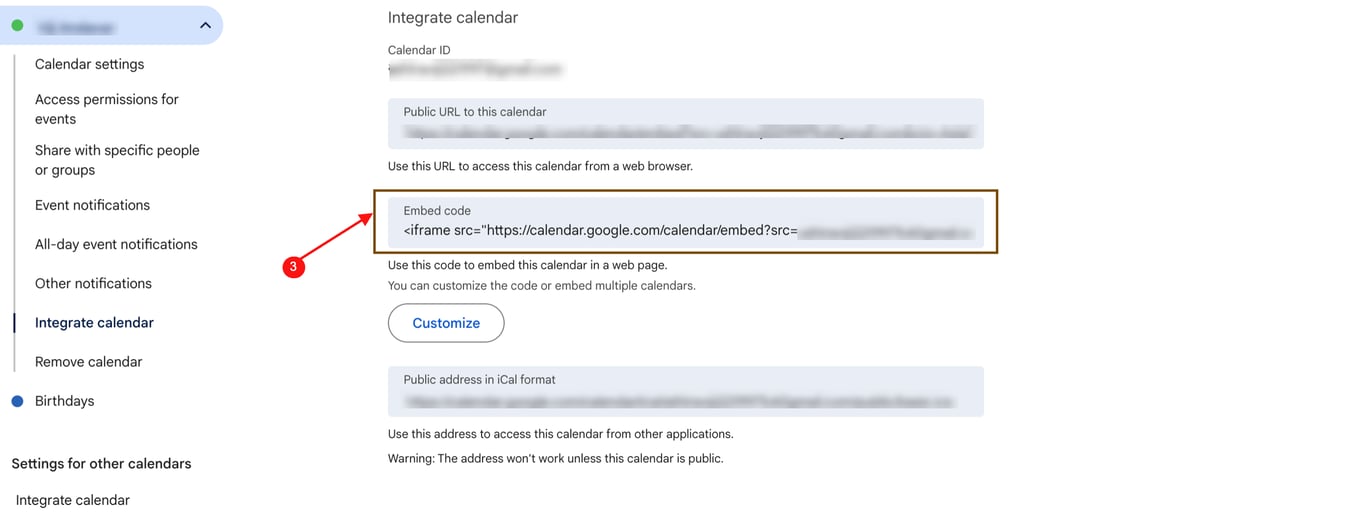 Copying the google calendar embed code