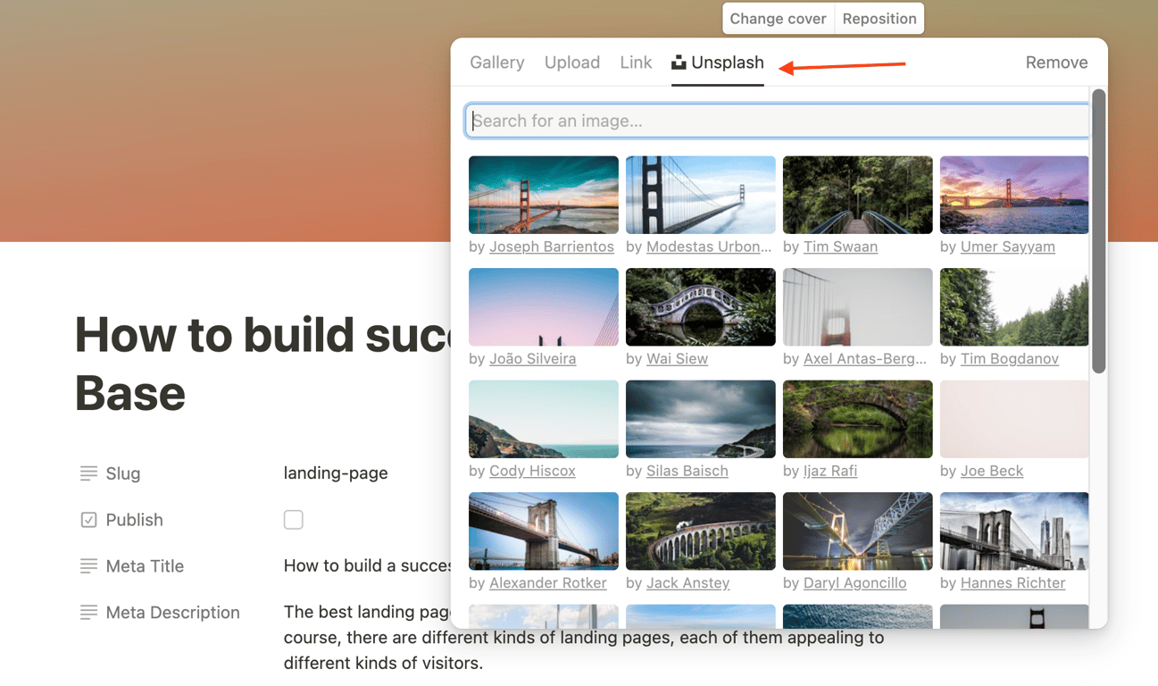 Searching and inserting a high-quality Unsplash image into Notion as a cover