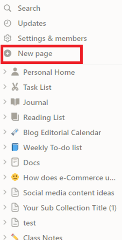 Screenshot showing the Notion interface with the "New Page”