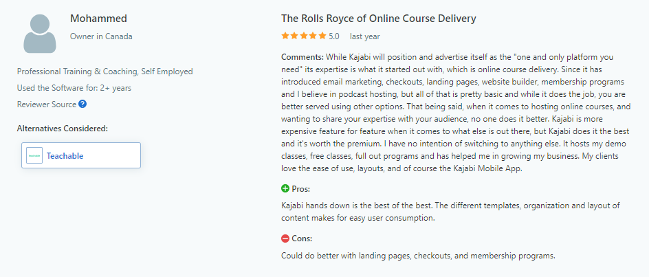 A review from Kajabi user (Capterra)