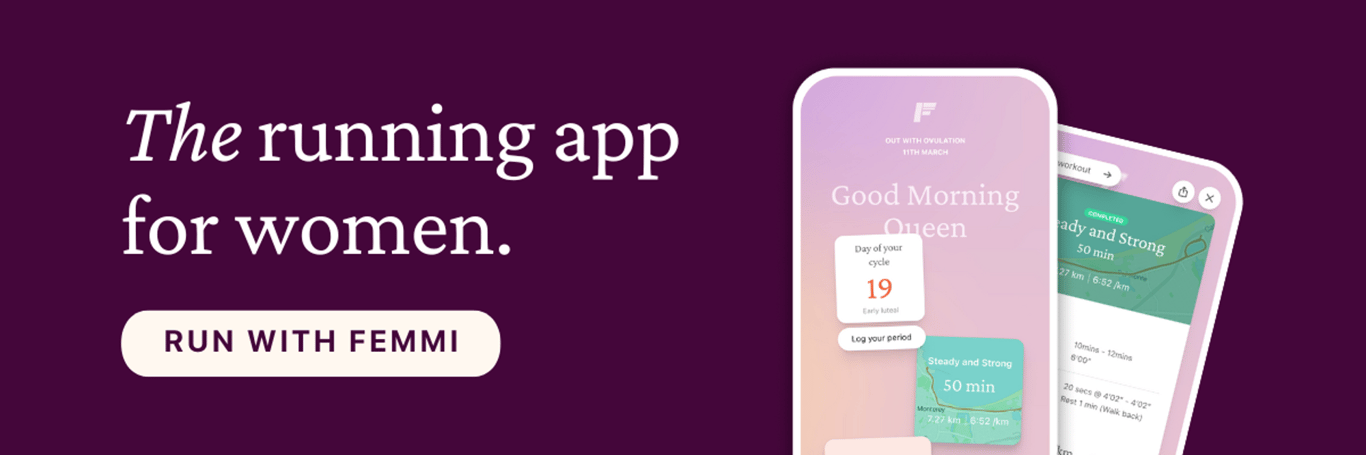 Graphic promoting the Femmi app, showcasing personalized training plans and community features for women runners.