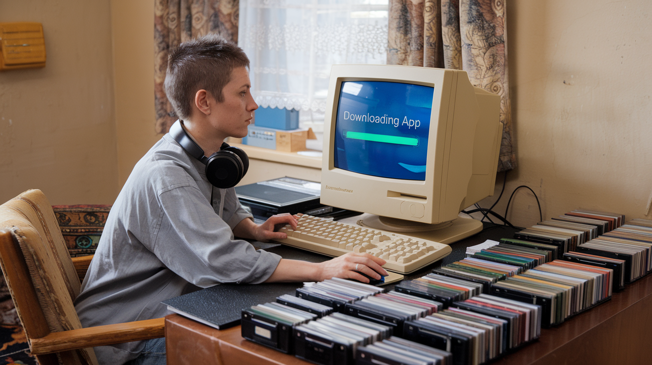 A Lady in 90s, installing software using CDs