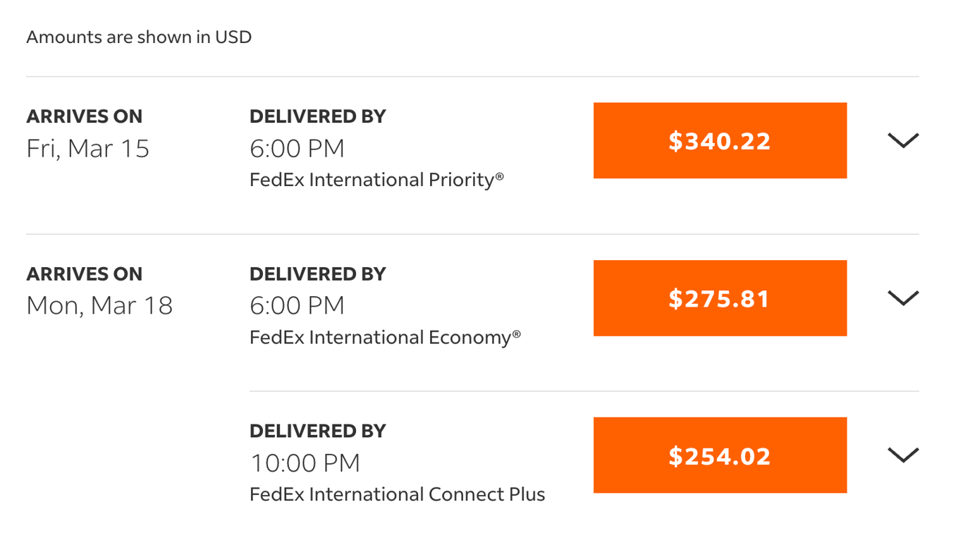 Source: FedEx, Price list for sending a 2kg box from LA to Seoul