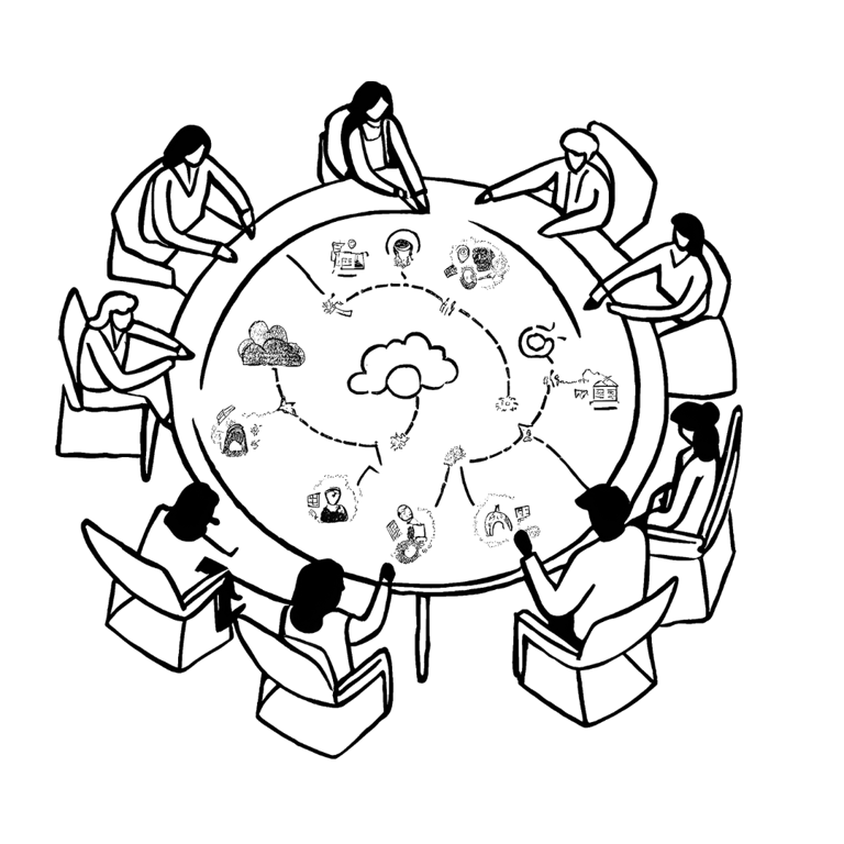 A cartoon visual of people sat around a circular table collaborating and mapping ideas.