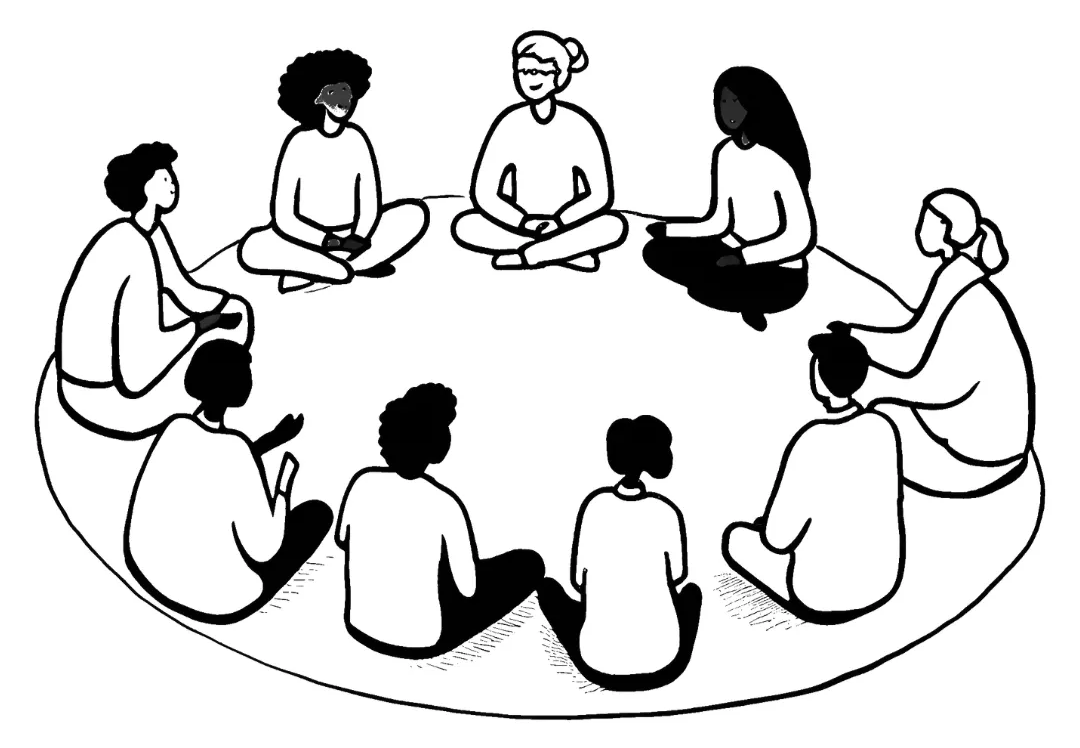 A cartoon visual of people sat in a circle.
