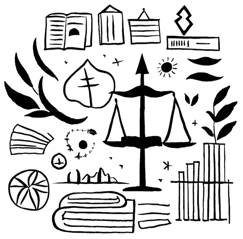 A cartoon visual depicting symbols of ethics, justice and fairness.