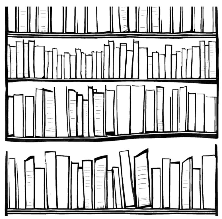 A cartoon visual of books standing upright on shelves.