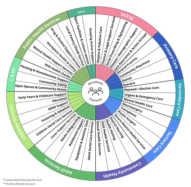 A complex visual of the wide-ranging services surrounding residents and patients displayed in a wheel.