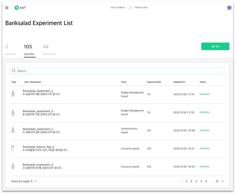 뱅크샐러드 인하우스 실험 플랫폼 웹