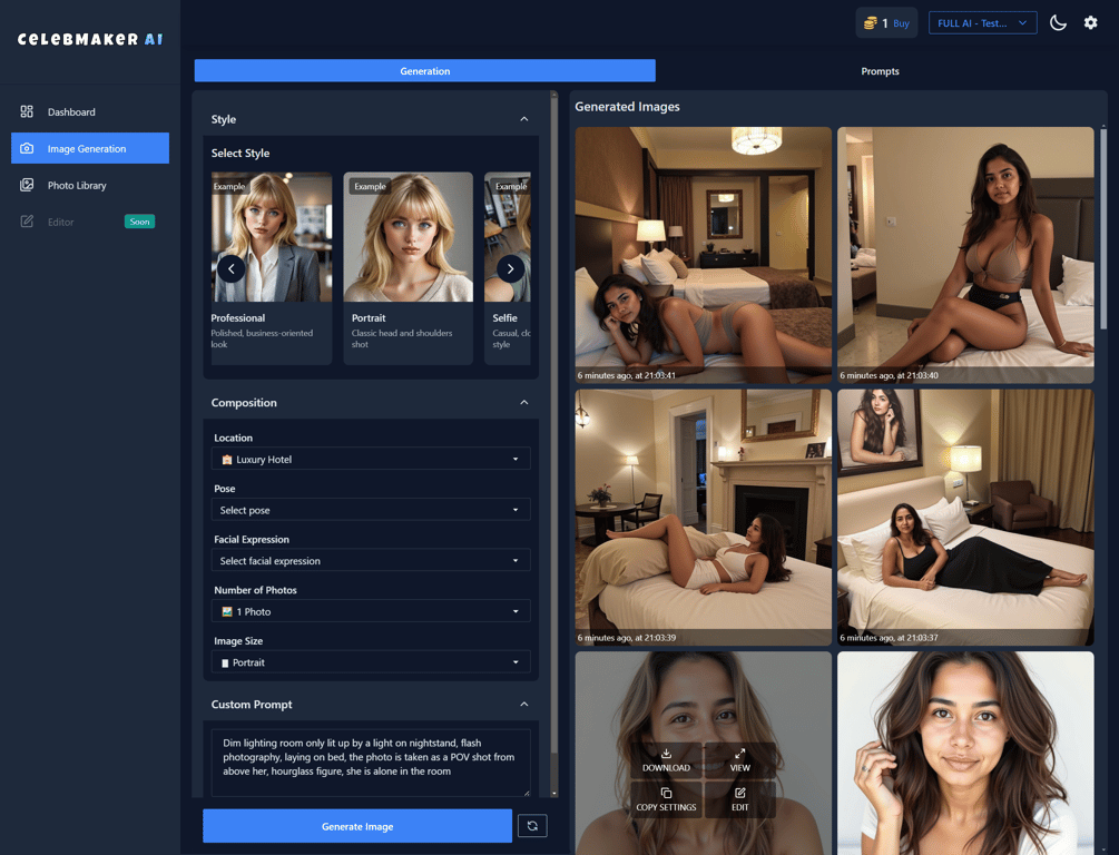 CelebMakerAI provides advanced tools for customizing AI influencers, from full-body generation to outfit selection.
