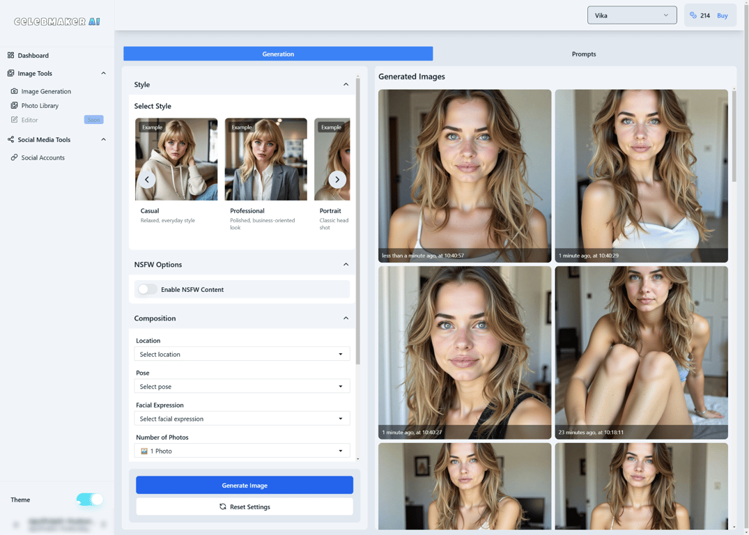 CelebMakerAI interface demonstrating customization options for realistic AI influencer creation.