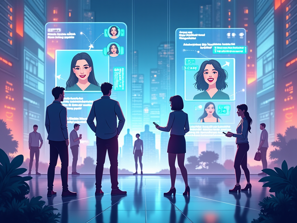 Futuristic landscape with AI influencers generating exclusive content on social media.