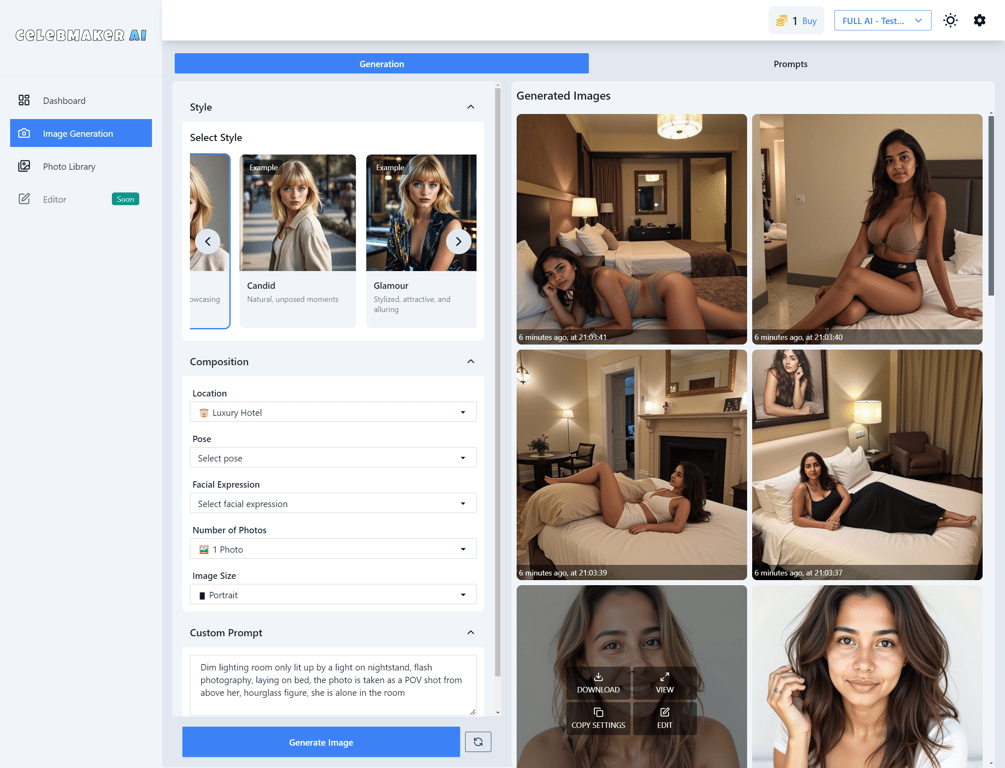 CelebMakerAI dashboard showcasing tools for creating and monetizing AI influencers.