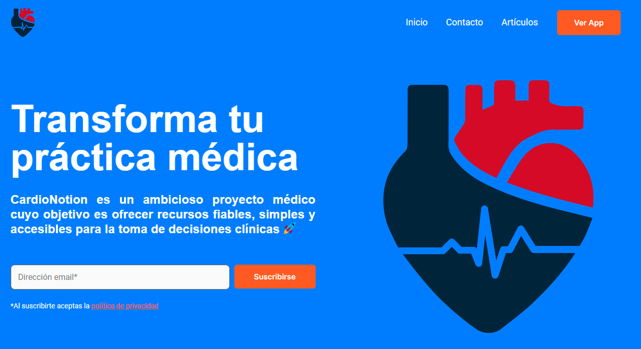 Primer diseño web creado para CardioNotion, el cual fue sustituido posteriormente por un modelo más sencillo y minimalista.