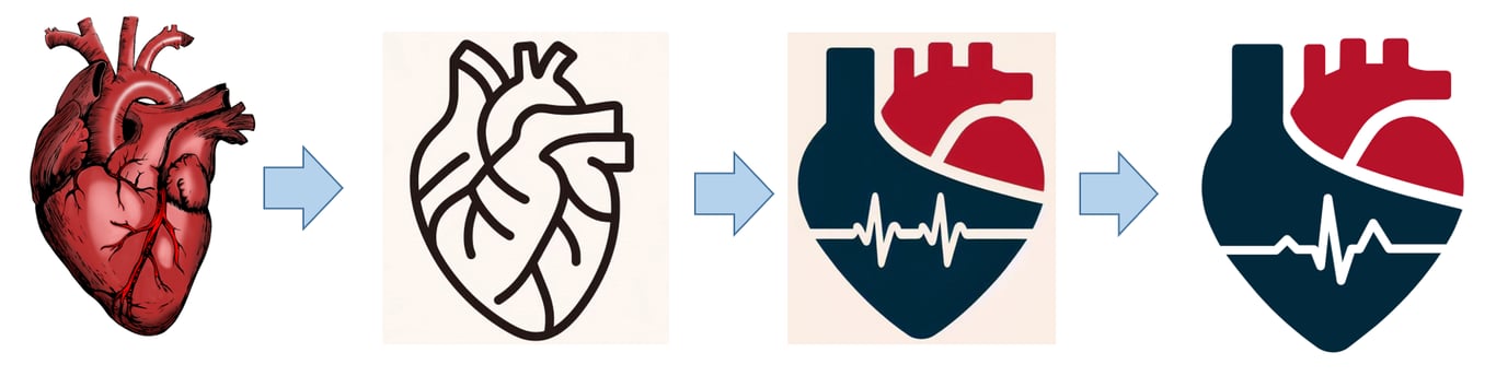 Proceso de evolución conceptual del logotipo de CardioNotion hacia un diseño más minimalista.