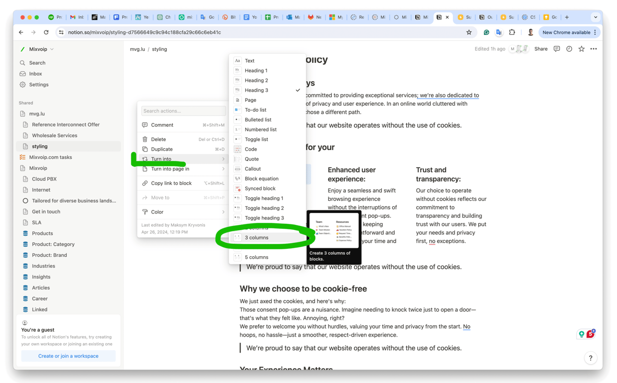 Turn the text into 3 columns