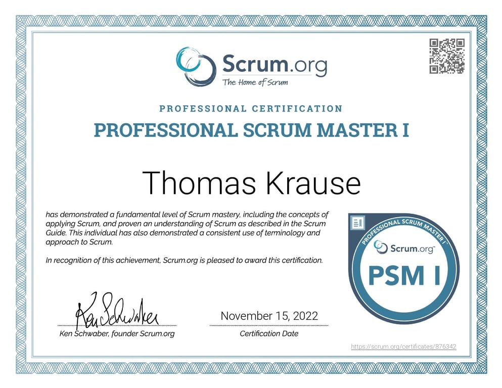 Certificate - Professional Scrum Master I - Thomas Krause
