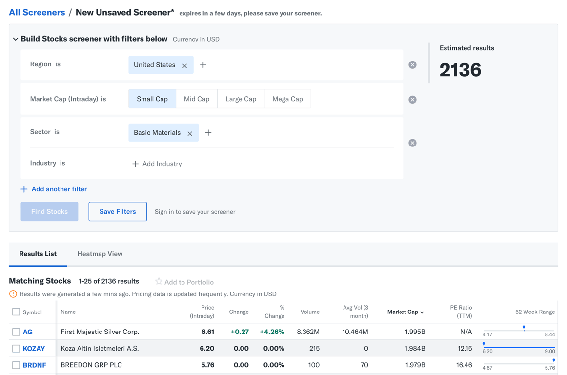 Yahoo Finance - Stock Screener