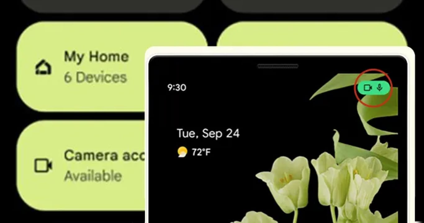 Green dot shows an active camera and/or microphone (Source: Android, Google)