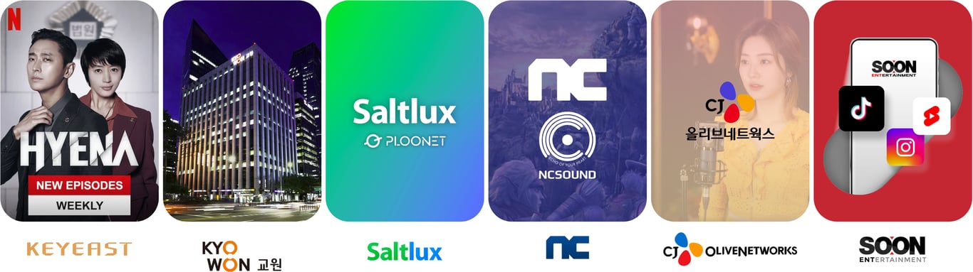 *키이스트 하이에나, 교원, 솔트룩스 플루닛, 엔씨 NCSOUND, CJ 올리브네트웍스 AI, 순이엔티 크리에이터 플랫폼 그 외 다수