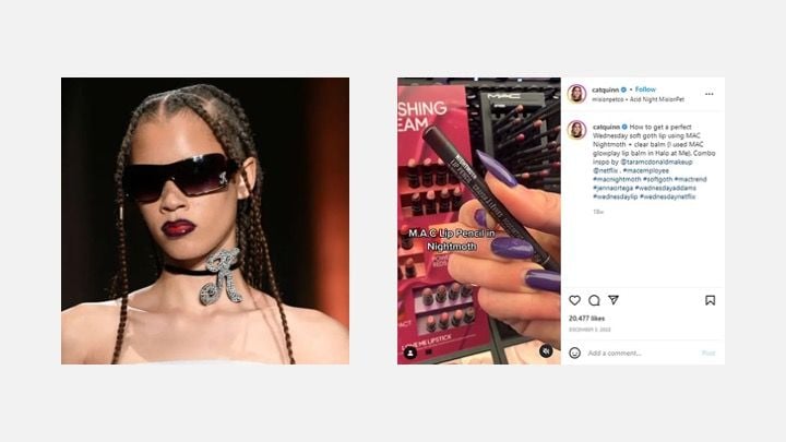 출처: 2023년 Kim Shui NYFW A/W(왼), M·A·C 제품을 소개하는 캣 퀸의 Instagram(오)